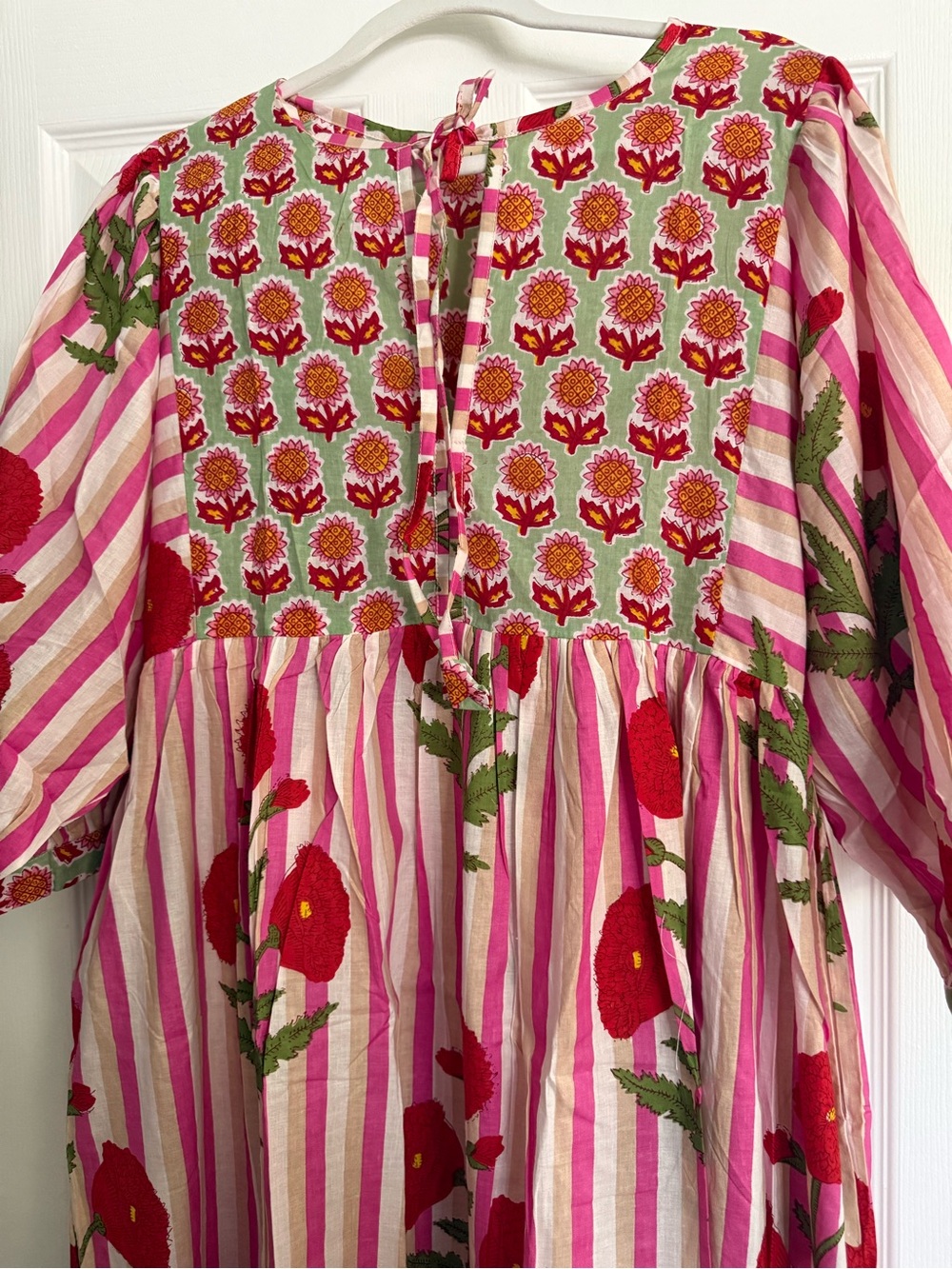 Block Print Pink & Red Floral Stripe Midi Dress